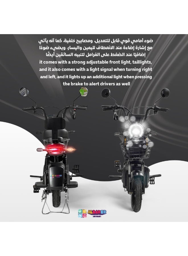 البدر سكوتر كهربائي V27+ بحد أقصى للسرعة 40 إلى 50 كيلومتر في الساعة يعمل ببطارية 48 فولت مع 4 بطاريات ومقعدين مزدوجين, دراجة كهربائية مع دواسات يدوية وسلة مدى السير 25 إلى 35 كيلومتر من البدر، 14 بوصة - Image 2